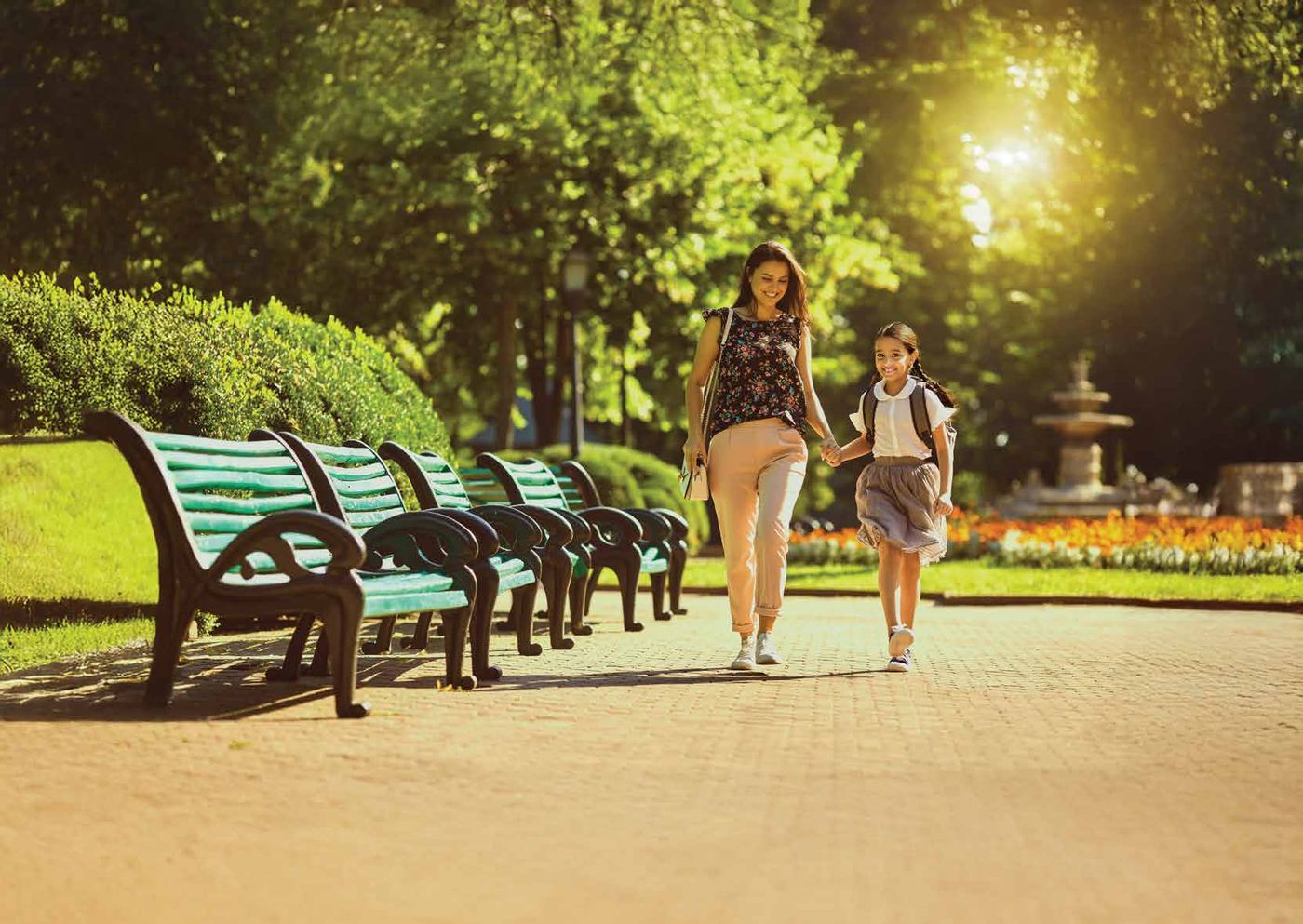 Landscaped walkways and shaded seating — representative image